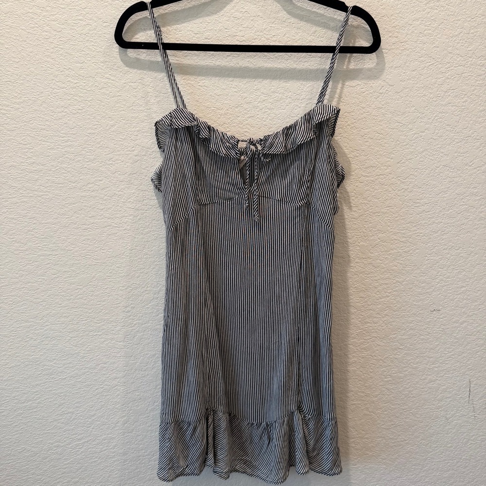 Free People Striped Ruffle Mini Dress Navy White Tie Front Side Button Size M